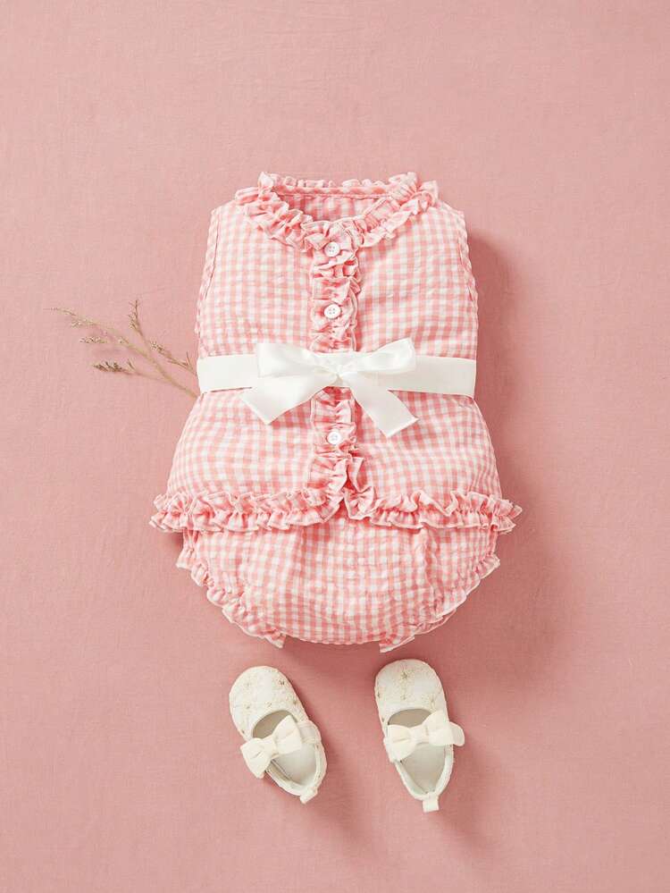 2pcs/Set Baby Girls Cute Gingham Sleeveless Top And Bloomers Set, Spring/Summer With Bowknot Belt