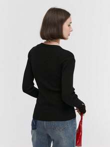 Women's Solid Color Button Up Fitted Long Sleeve Knitted Sweater,Long Sleeve Tops - Black - View 3
