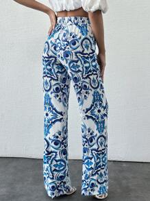 EURMUSE Plus Women's Bohemian Wide Leg Straight Pants For Spring & Summer - Blue and White - View 2