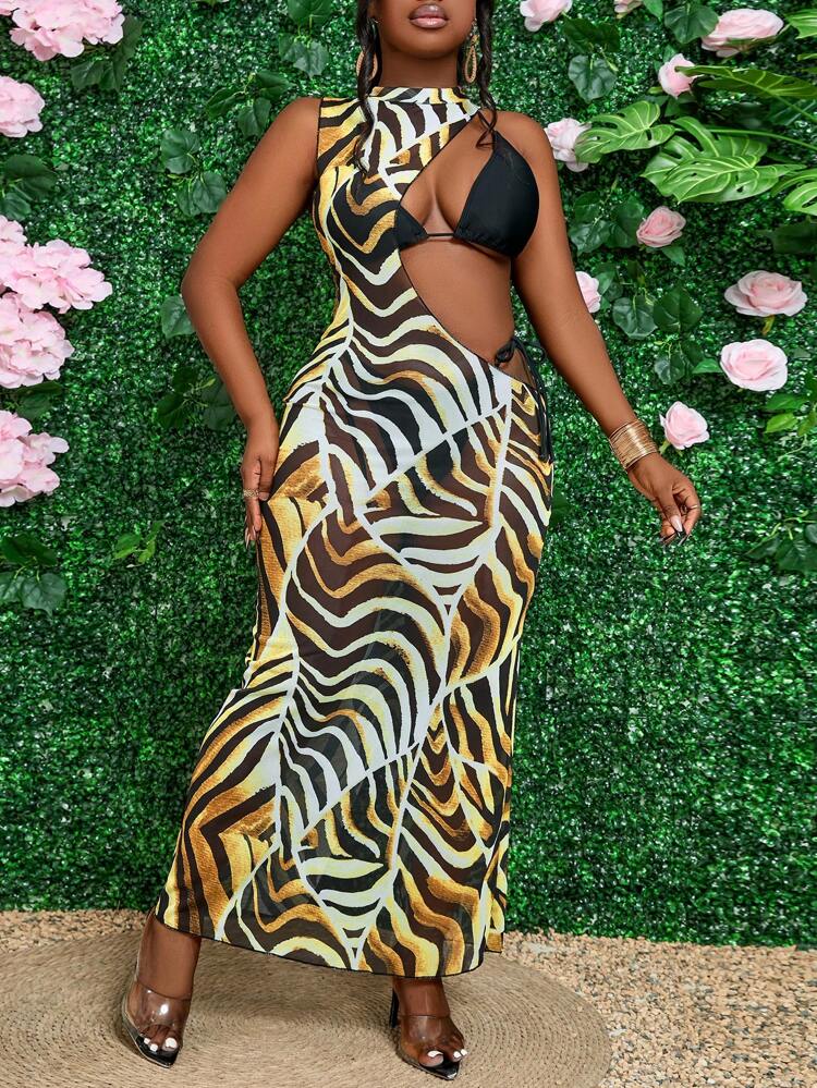 Women's Solid Color Halter Neck Bikini Set For Resort Vacation With Random Printed Zebra Pattern Hollow Out Cover-Up Dress Summer