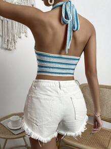 Breezaya 女式夏季條紋空心針織上衣，領口綁帶設計 - 藍色 - 查看 2