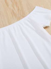 SHEIN Teen Girl White & Yellow Off Shoulder Tight Top & Suspender Jumpsuit Holiday Casual 2pcs Set - Yellow - View 6