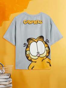 GARFIELD X SHEIN Ragazzo Tween Grigio Maglietta a manica corta con stampa di cartoni animati casual ampia e con collo rotondo, estate