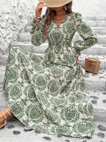 Breezaya 女式V领灯笼袖褶腰长袖节日长袖连衣裙女装 - 彩色 - 查看 5