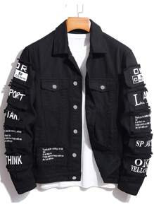 Chillumni Men's Plus-Size Single-Breasted Long-Sleeved Street Wear Dark Denim Jacket, For Party - Black - View 1