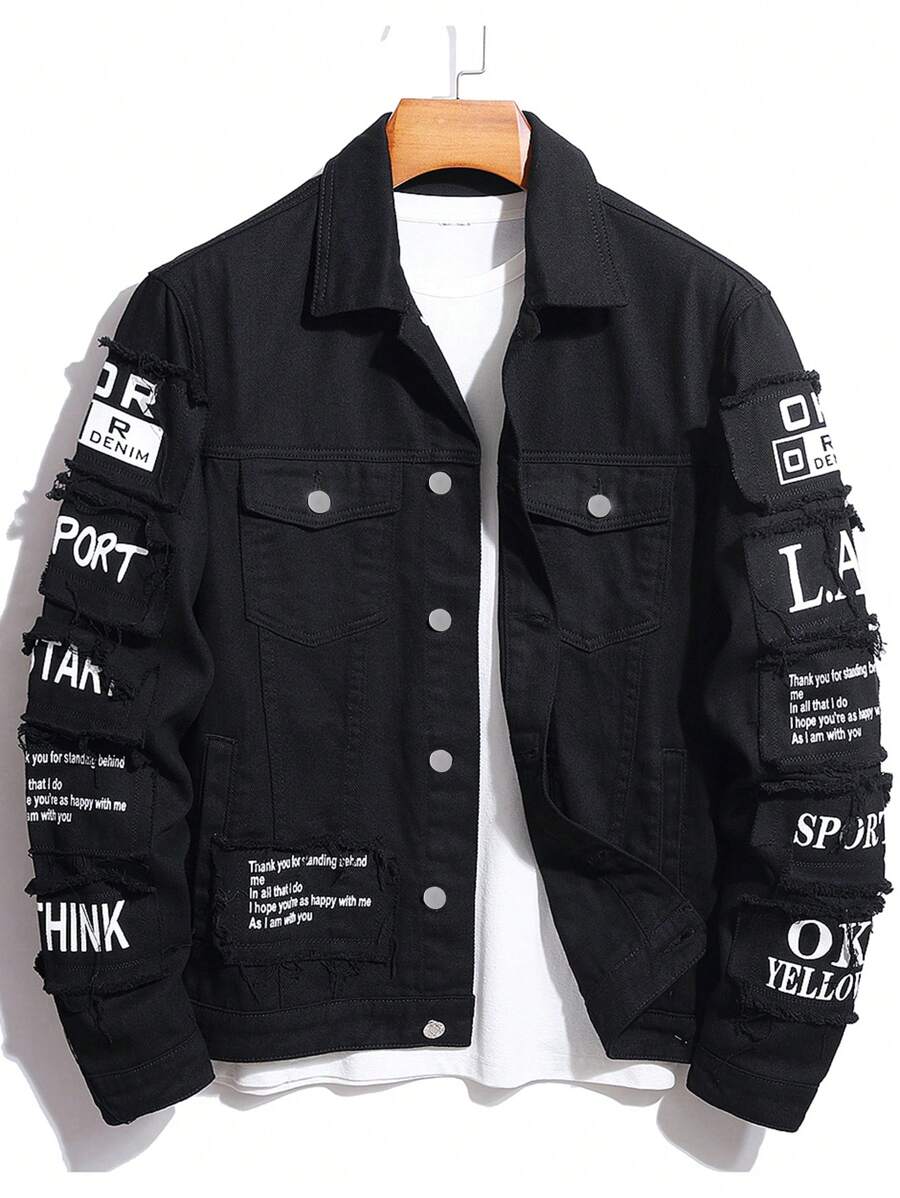 Chillumni Men's Plus-Size Single-Breasted Long-Sleeved Street Wear Dark Denim Jacket, For Party - Black - View 1