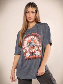 Denimoi Women's Letter & Floral Print Drop Shoulder T-Shirt - Dark Grey - View 6