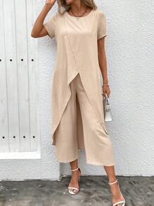 SHEIN Clasi 女士夏季不对称下摆圆领短袖上衣和裤子休闲两件套 - 杏色 - 查看 3