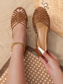 2025 Autumn Women's Flat Roman Hollow Belt Buckle Open Toe Sandals