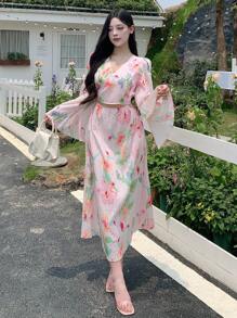 DAZY 女士印花长袖连衣裙，秋季度假装扮，复活节波西米亚风长裙 - 粉色 - 查看 2