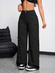 SHEIN Tall Quần jean ống rộng dáng rộng thoải mái cho nữ có túi vá và viền sờn - màu đen - Xem 4