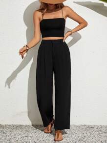 SHEIN VCAY Solid Color Elastic Waist Belt Pocketed Casual Straight-Leg Pants - Black - View 6