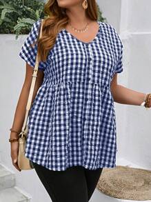 EMERY ROSE Áo cổ chữ V cỡ lớn dành cho nữ có nút trang trí tay áo cánh dơi màu đen và trắng Áo mẹ Gingham cho mùa xuân - Màu xanh hải quân - Xem 5
