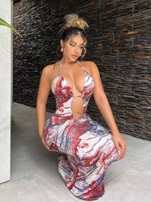 SHEIN SXY 夏季女士大理石印花吊带曲线镂空女士性感连衣裙 - 彩色 - 查看 1