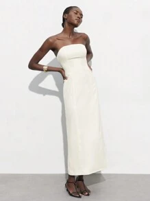 Maija 米色半正式法式女式纯色简约优雅性感派对音乐节庆典婚礼露背抹胸连衣裙 - 杏色 - 查看 1