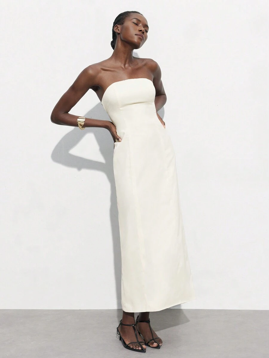 Maija 米色半正式法式女式纯色简约优雅性感派对音乐节庆典婚礼露背抹胸连衣裙 - 杏色 - 查看 1