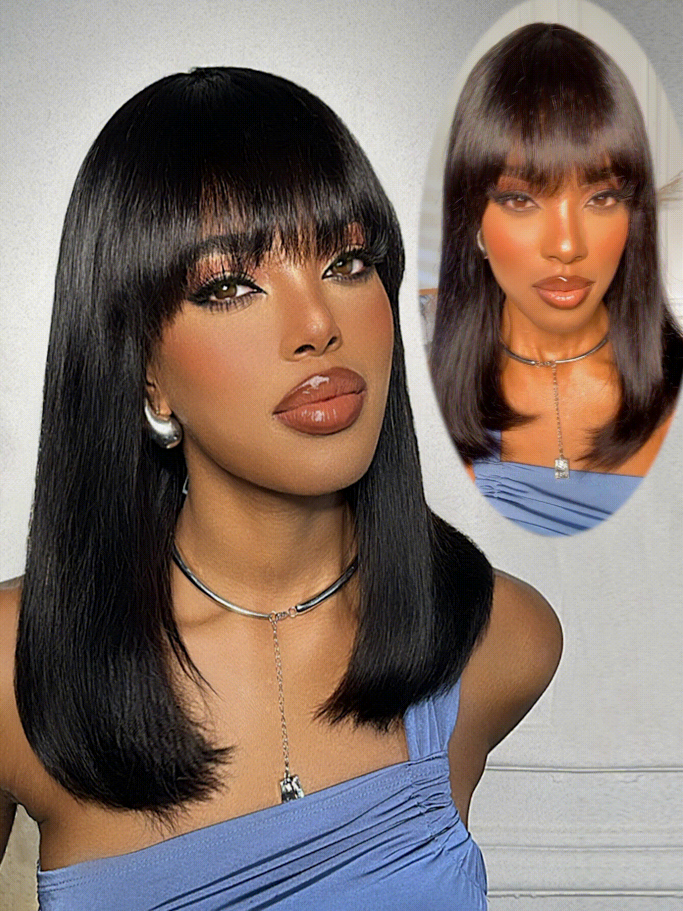 Machine Made Short Straight With Bangs Wig 150% Density 8-14 Inch Natural Black Color 100% Human Hair Top Quality Wig For Women - SNatural - View 4