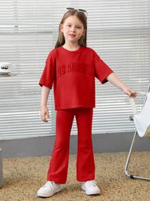 SHEIN Young Girl Loose Casual Set Of 3D Letter Printed Drop Shoulder T-Shirt And Flare Pants - Red - View 4