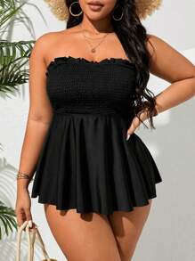 Swim Lushoire Maillot de bain sans bretelles push-up et short de bain d'été de couleur unie grande taille - Noir - Voir 4