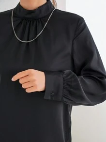 Aveloria Women's Solid Color Pleated Stand Collar Long Sleeve Shirt Fall Cloth For Women - Black - View 4