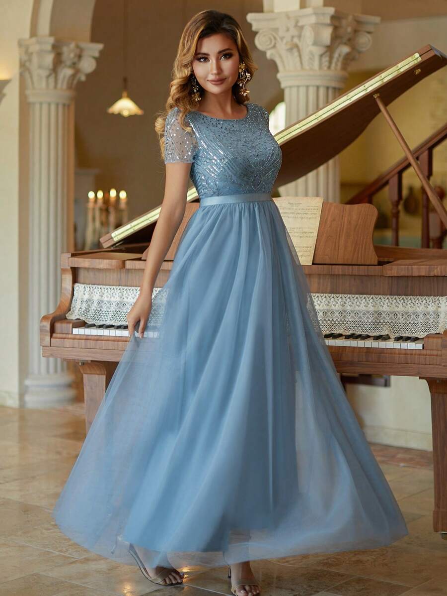 薄纱直筒舞会礼服串珠短袖伴娘服优雅连衣裙 - 霧霾藍 - 查看 1