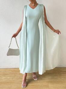 Rafferiza 女式 V 领闪亮飘逸长款绿色夏季优雅连衣裙长款女装 - 綠色 - 查看 1