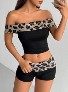 SHEIN EZwear Leopard Print Off Shoulder Fashion Music Festival Matching T-Shirt And Shorts Set - Multicolor - View 6