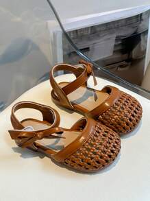 新款夏季女童涼鞋，幼兒编織皮鞋，柔軟防滑扁平底涼鞋適用於寶寶女孩