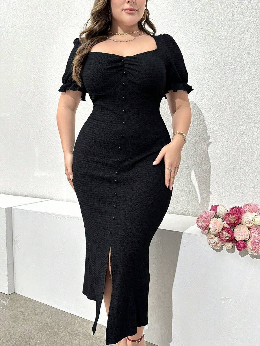 Modelyn Women Solid Color Simple Plus Size Dress Maxi Women Outfit Long Evening Dresses - Black - View 1