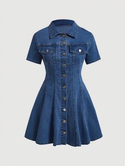 SHEIN MOD Kvinnors avslappnad jeansklänning med knäppning framtill, sommar