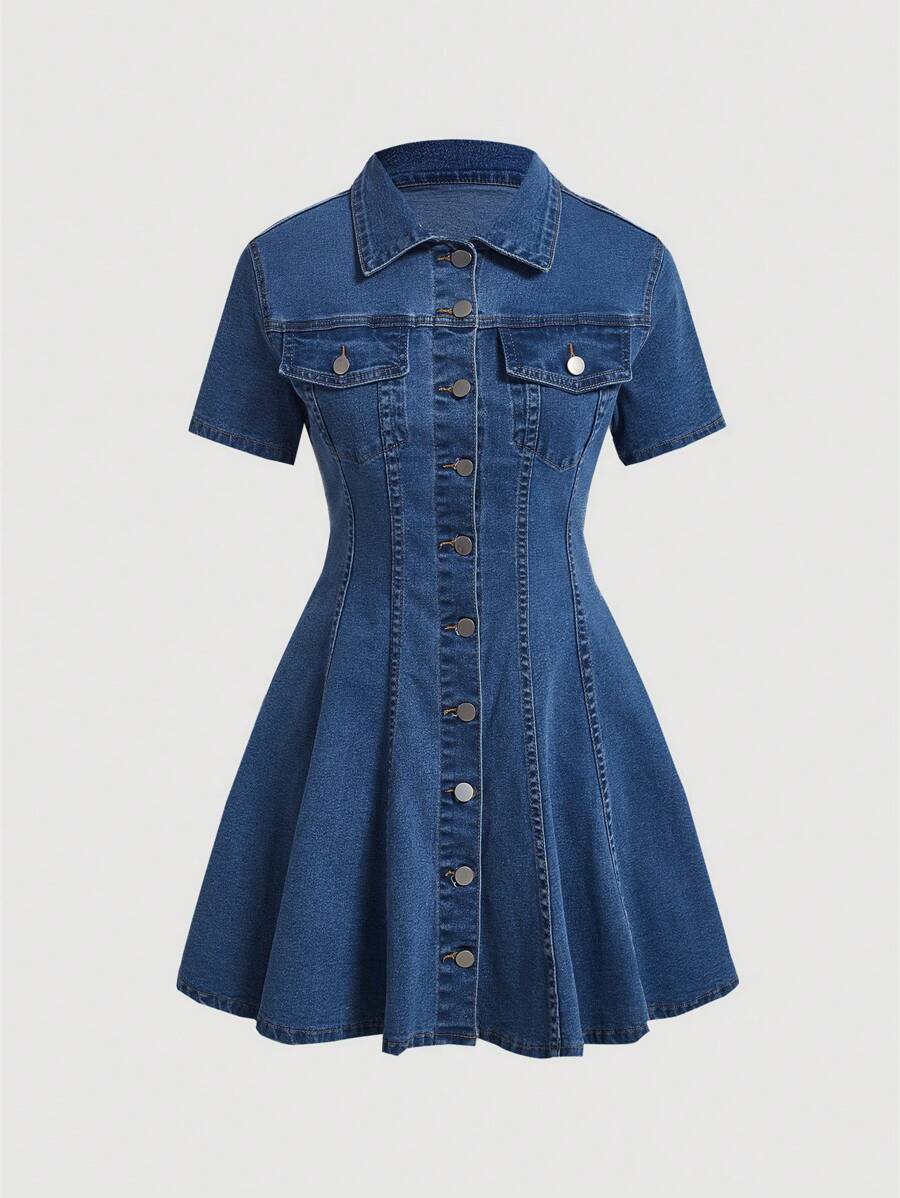 SHEIN MOD Women's Casual Front Buttoned Cinching Waist Denim Dress, Summer - Dark Wash - View 1