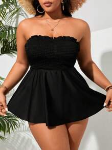 Swim Lushoire Maillot de bain sans bretelles push-up et short de bain d'été de couleur unie grande taille - Noir - Voir 1