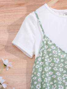 SHEIN Teen Girl Green Ditsy Floral Loose Cami Dress & T-Shirt Casual Holiday Outfits, 2pcs/Set Holiday Outfits - Green - View 4