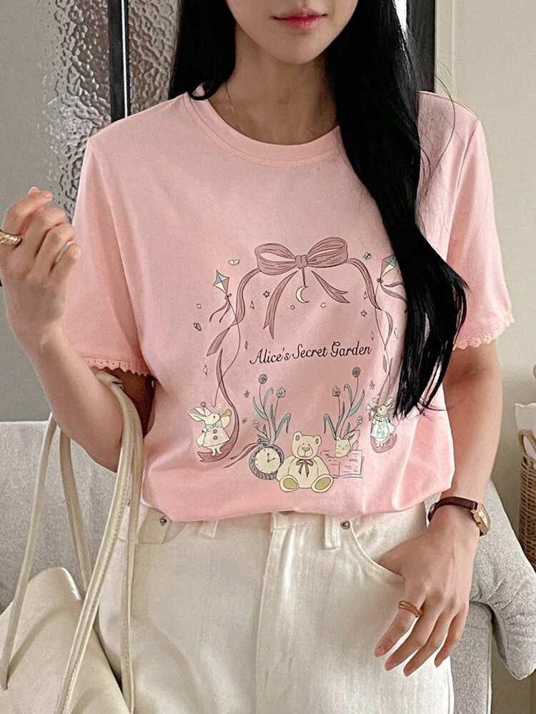 Loose Fit Short Sleeve Women's T-Shirt With Printed Pattern And Lace Trimmed Round Neck Summer Cute Tops,Graphic Tees