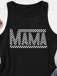 INAWLY ملابس علوية نسائي فضفاض صيفي بطباعة حرف ونقش شطرنج - الأسود - مشاهدة 3