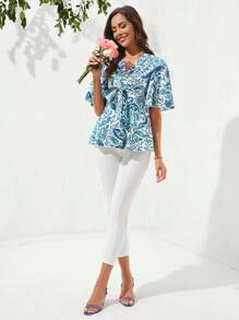 SHEIN Clasi قميص العطلات والأزياء الترفيهي للنساء مع ياقة متقاطعة وربطة عند الخصر