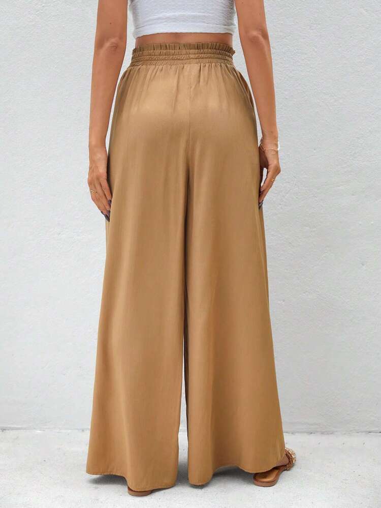 Summer Solid Color Woven High Waist Wide-Leg Loose Women's Trousers, Vacation Style Casual Oversized Pants