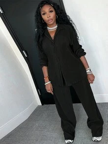 2 件套女士时尚褶皱衬衫和舒适阔腿裤套装，休闲，女士春秋季休闲口袋，拉链长袖宽松黑色衬衫裤女两件套服装，休闲日常穿着 - 黑色 - 查看 10