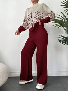 EURMUSE Conjunto De Suéter Con Cuello Alto Y Pantalón De Punto Para Mujer Con Patrón Geométrico - Burdeos - Ver 3