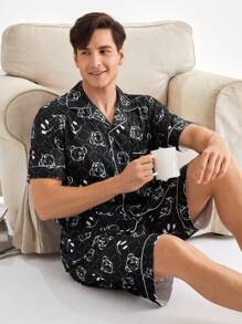 男士流行熊印花短袖衫和短褲家居服套裝 - 黑色 - 查看 1