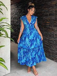 SHEIN SXY Deep V-Neck Blue Print Jersey Dress With Shirred Waistband, Ideal For Vacation - Blue - View 6