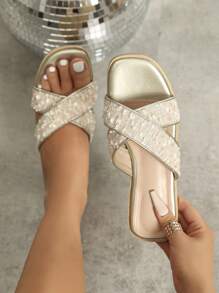 Women Glitter Crisscross Decor Sandals, Holiday Style, Gold Flat Sandals, Daily Wear & Home Sandals, High-End Look, Comfortable & Versatile - Gold - View 2
