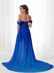 Maternity Chiffon V-Neck Front Split Dress, Perfect For Photography Session, For Photoshoot - Royal Blue - View 2