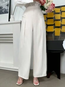 Modelyn 女士休閒高腰寬腳褲（純色） - 杏色 - 查看 6