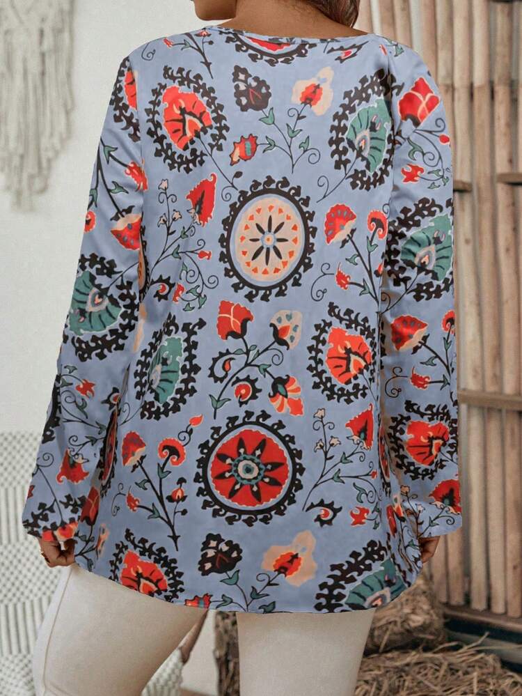 Plus Size Vacation Leisure Allover Print Pleated Long Sleeve Shirt