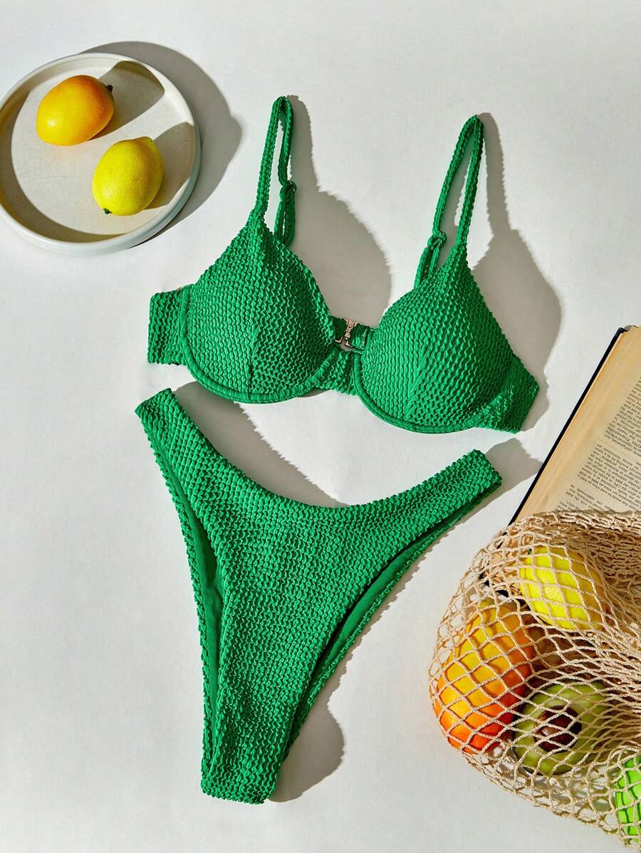 SHEIN Swim Ladies Sexy Two-Piece Bikini Set For Vacation, With Underwire,Summer Beach - Green - View 1