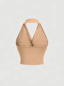 SHEIN MOD 女式纯色褶皱单排扣无袖上衣，背部镂空，夏季 - 卡其色 - 查看 2