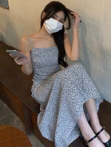 碎花吊带连衣裙，休闲度假派对夏季优雅款 - 藍色 - 查看 8