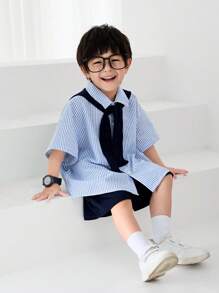 SHEIN 3pcs Young Boy Korean Style Striped Shirt With Shawl Collar & Short Sleeves And Solid Color Shorts Casual Outfits