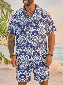 Manfinity Homme Men's Plus Size Vacation Beach Allover Print Short Sleeve Shirt And Shorts Set - Blue - View 1